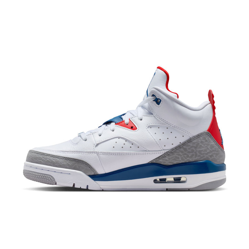 Men's white low-top sneakers front side view with gray panel and blue air sole