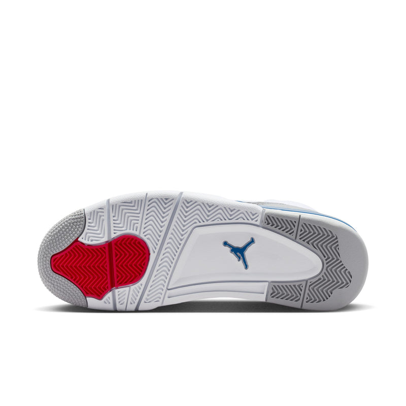 Men's low-top sneakers outsole view with blue and red accents on gray tread