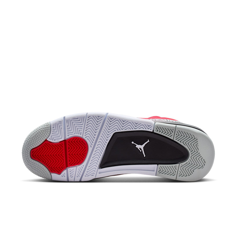 Shoe outsole in light grey with red traction pods and a Jordan logo