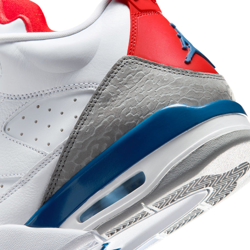 Men's low-top sneakers side view with gray panel, red overlays, and blue sole trim
