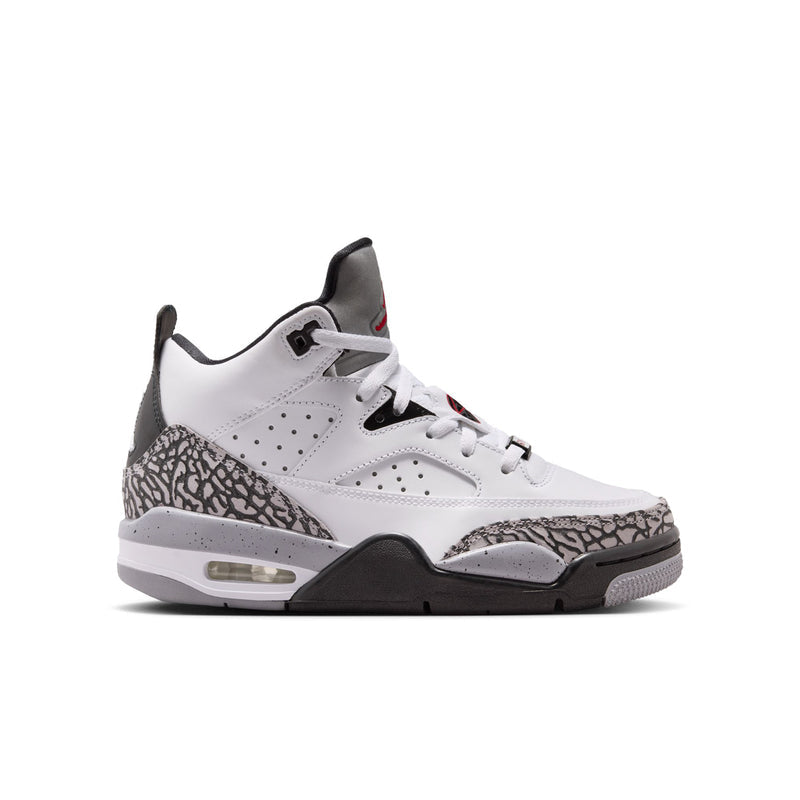 Son of Mars youth sneakers in white with black and cement-gray panels, red accents