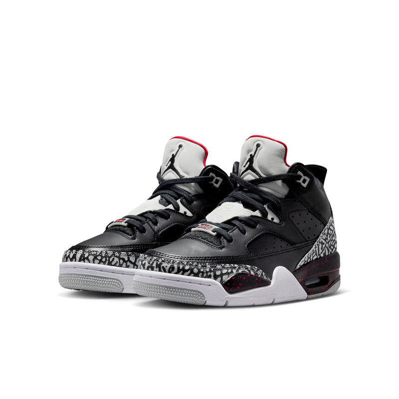 Youth high-top sneakers, black leather with elephant-print toe and red accents, lace-up