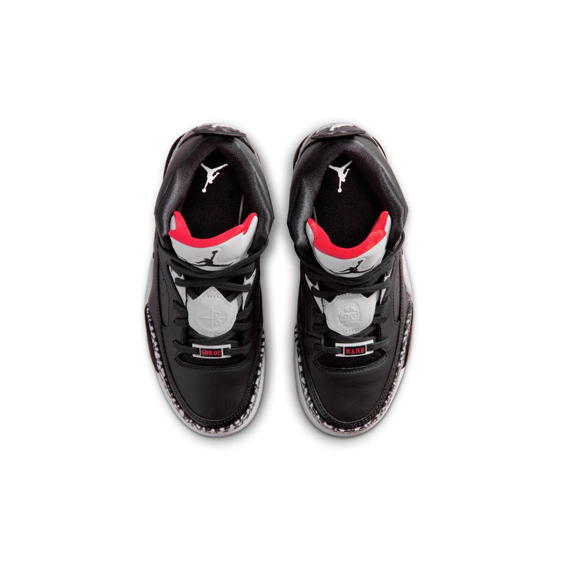 Youth high-top sneakers, black uppers with red interior lining and lace-up eyelets