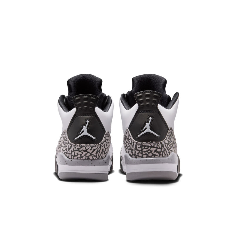 Youth sneakers with rear black heel, cement-gray speckled side, white outsole