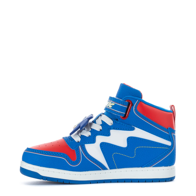 Kids' blue high-top sneakers with red and white panels, lace-up front
