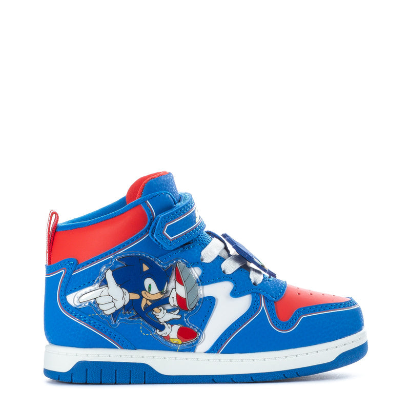 Toddler high-top sneakers, blue/red/white with cartoon graphic and Velcro strap