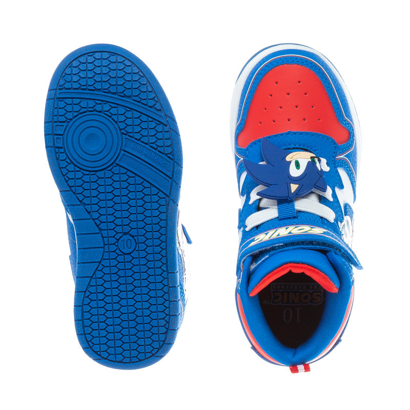 Toddler sneakers outsole and inside view, blue tread sole, red/blue upper