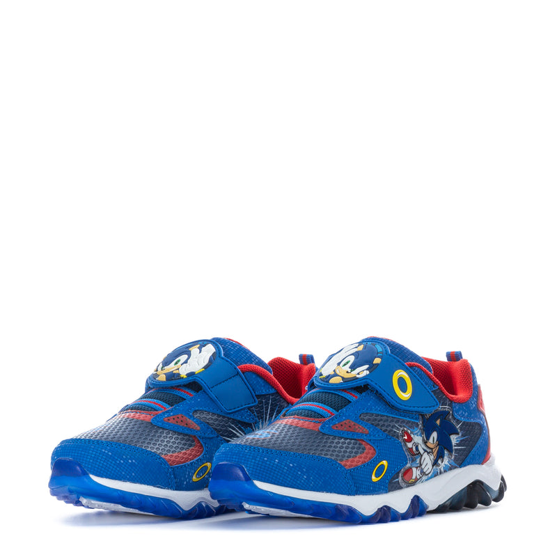 Kids Sonic sneakers pair, blue with red accents, toe and side character print, padded collar