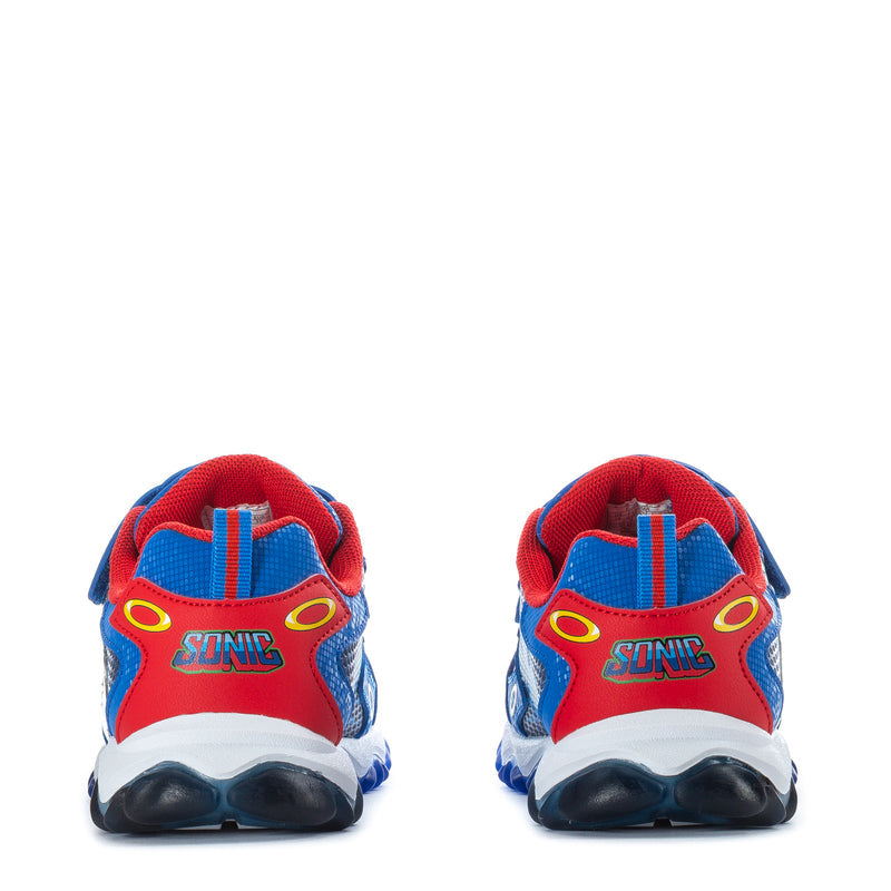 Kids Sonic sneakers heel view, red heel panels, blue-and-white sole, rear pull tab