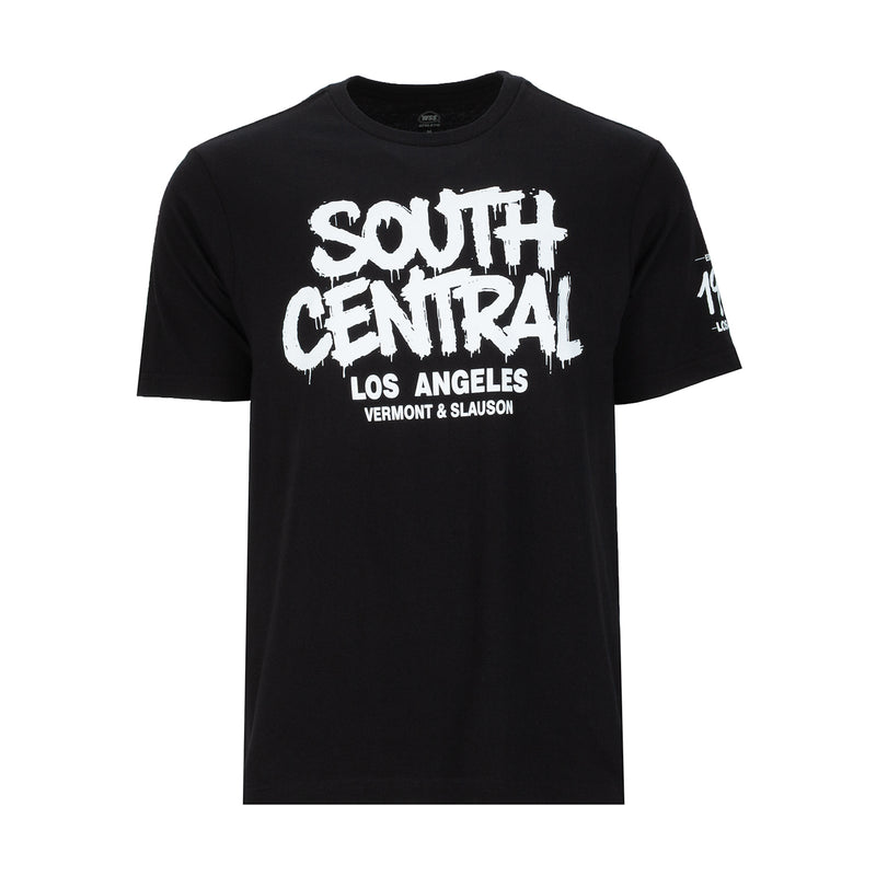 Men's black graphic T-shirt, front print with South Central text and lines