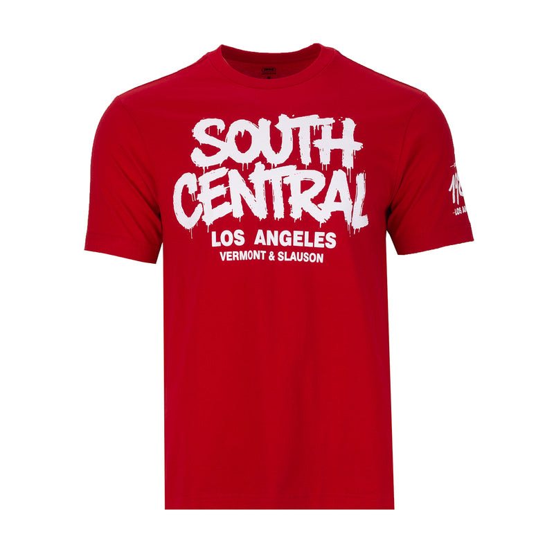 Men's red crewneck tee with South Central white front graphic