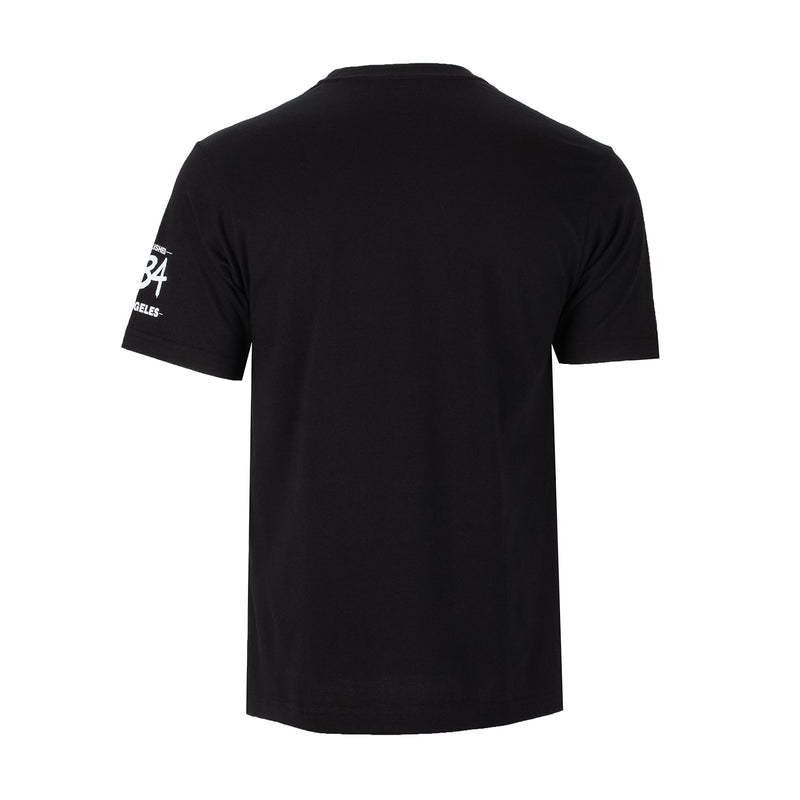 Men's black T-shirt, back view with small left sleeve graphic