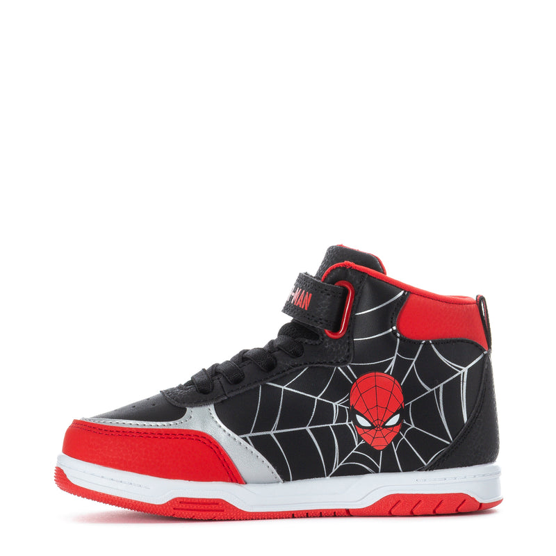 Kids high-top sneakers with Spider-Man face and web pattern, red accents