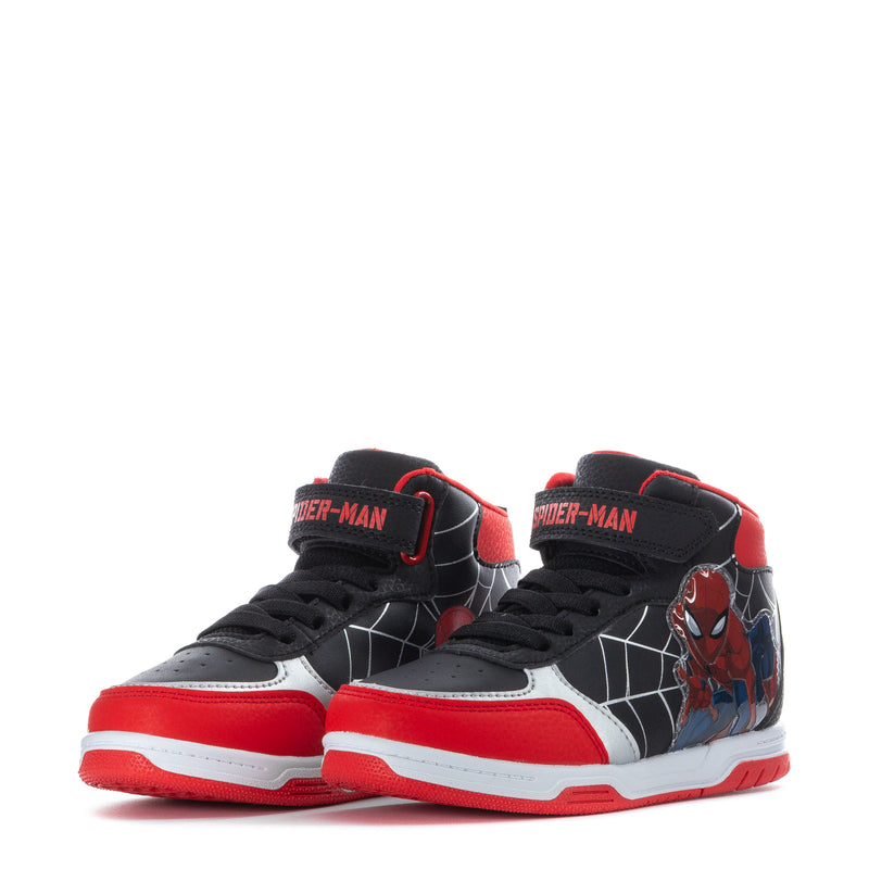 Pair of kids high-top sneakers, black uppers with Spider-Man on sides