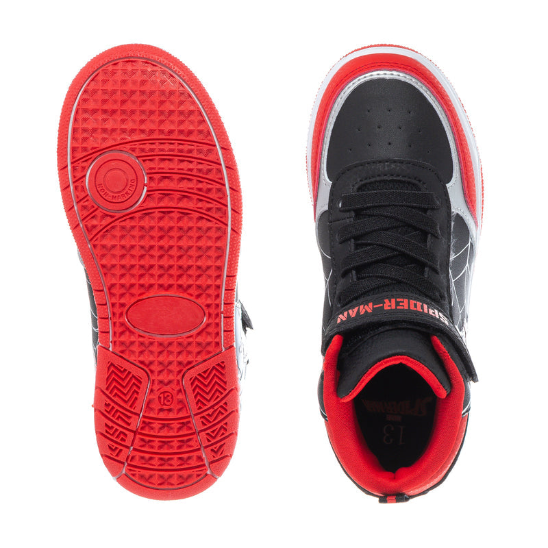 Kids high-top sneaker outsole in red; interior view shows black lining