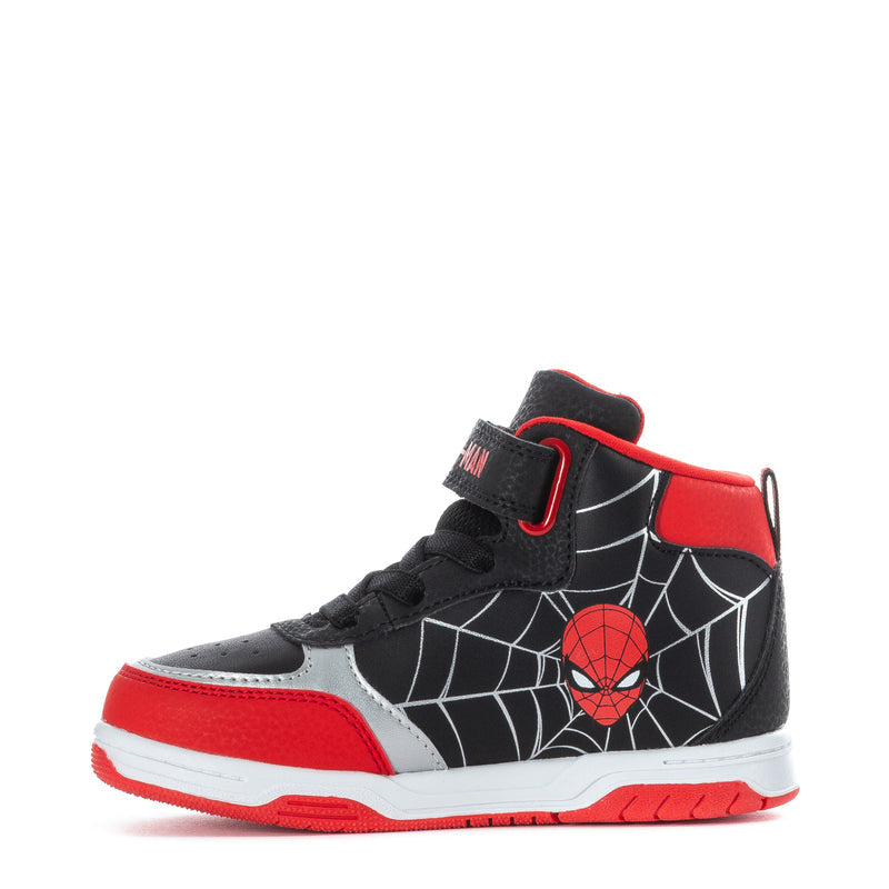 Toddler high-top sneakers with Spider-Man web print, black/red/white, hook-and-loop strap