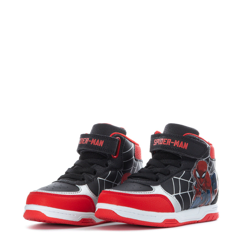 Toddler black high-top sneakers with Spider-Man graphics, red accents, web pattern