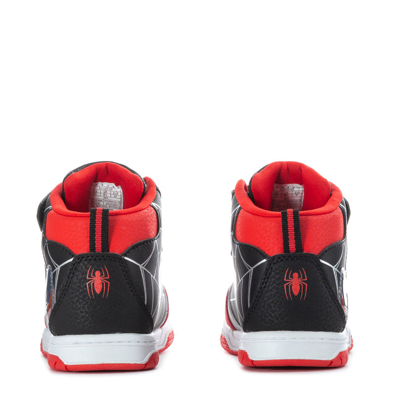 Toddler black high-top sneakers with Spider-Man web pattern and rear pull tab, red trim