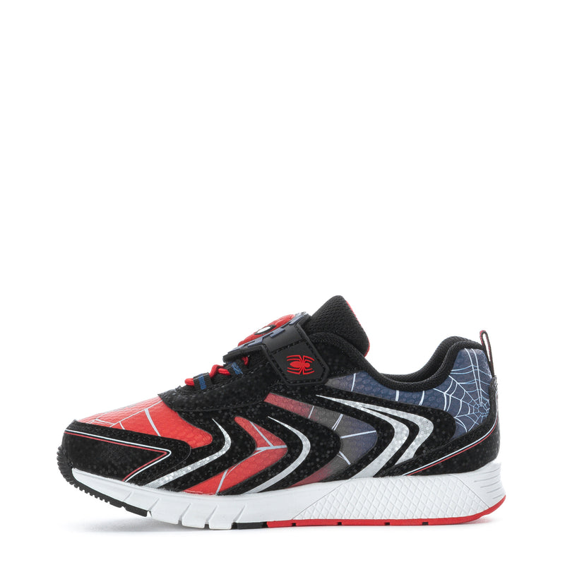Kids light-up Spider-Man sneakers, side view in black, red, and blue web pattern