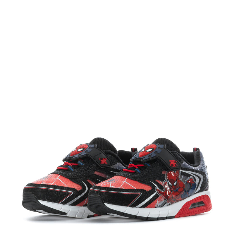 Kids light-up Spider-Man sneakers, twin front view with Spider-Man graphic