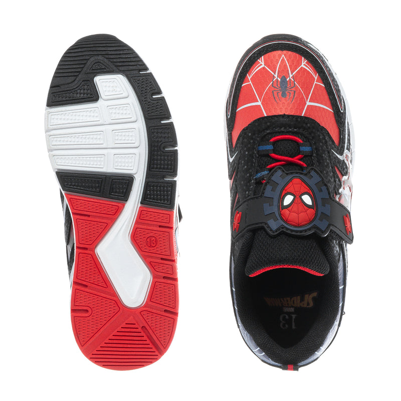 Kids light-up sneakers: outsole and inside heel view, black/red with web emblem