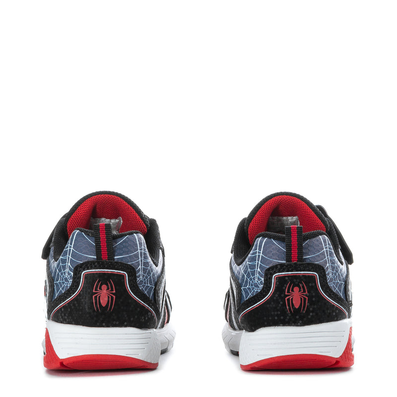 Kids light-up Spider-Man sneakers, rear view with red trim and blue web lining
