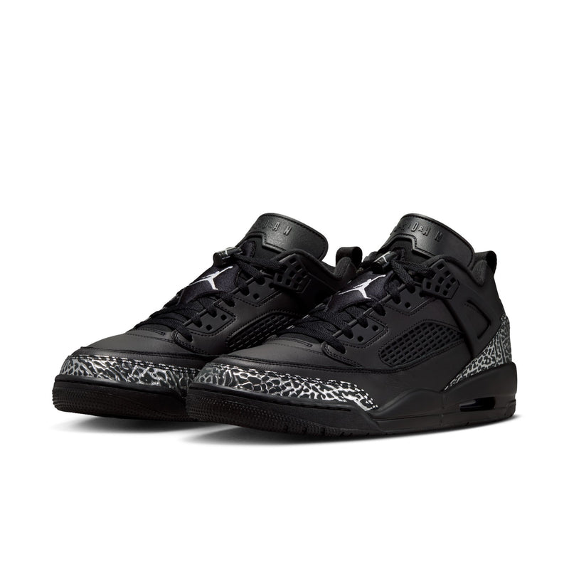 Men's black low-top lace-up sneaker with perforated panels, leopard-print accents