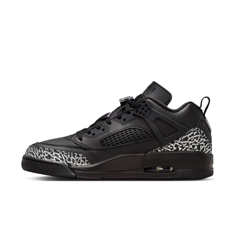 Men's black low-top sneaker with hook-and-loop strap, leopard-print side panel