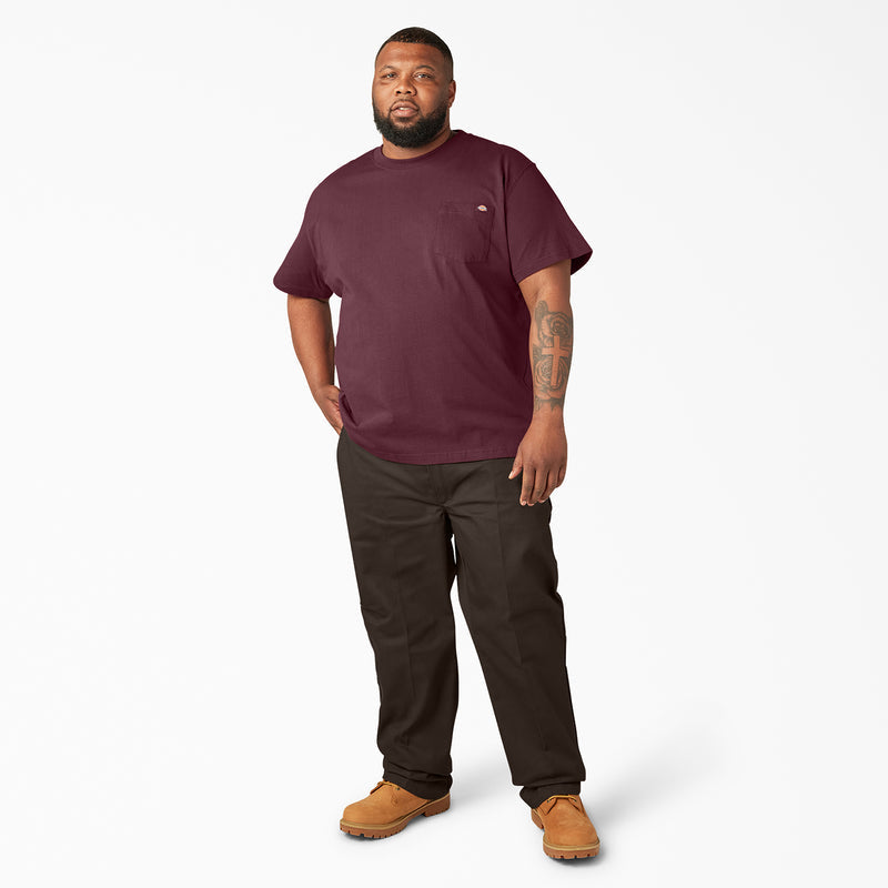 Men's burgundy heavyweight pocket crew-neck tee worn on model, short sleeves