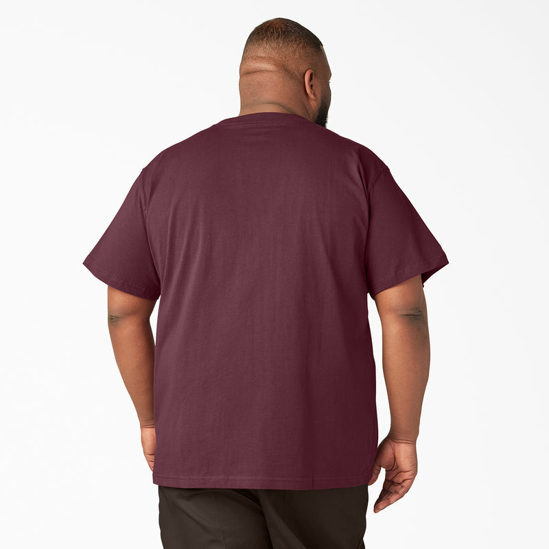 Men's burgundy heavyweight crew-neck tee, short sleeves, back view