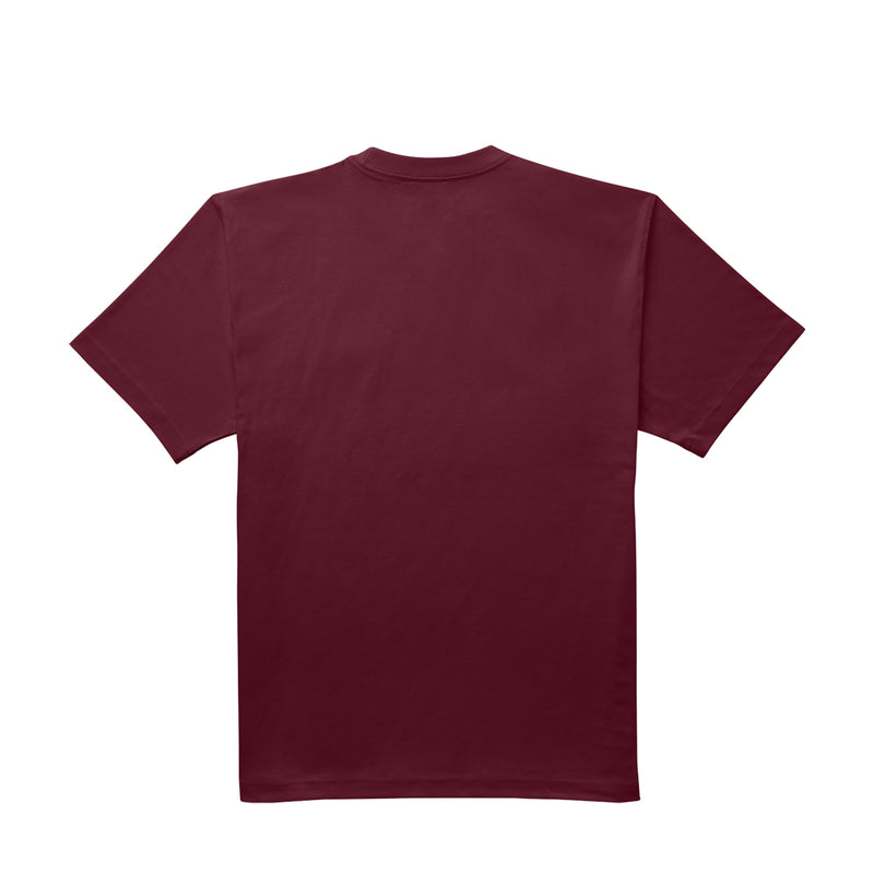 Men's burgundy heavyweight crew-neck tee, short sleeves, plain back