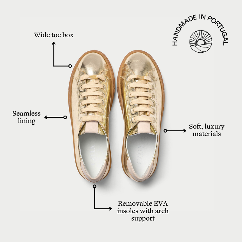 Pair of gold sneakers with features highlighted on a white background