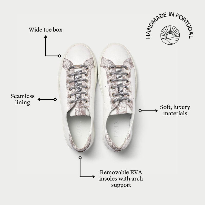 Pair of white sneakers with features highlighted on a light gray background