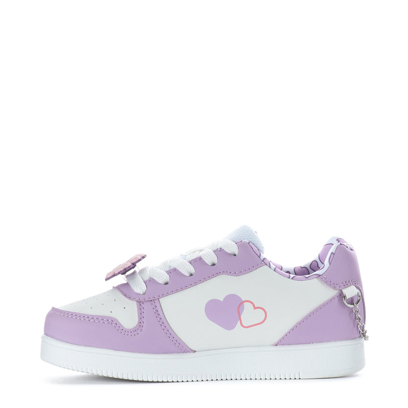 Kids lilac and white lace-up court sneaker with heart accent and side character art