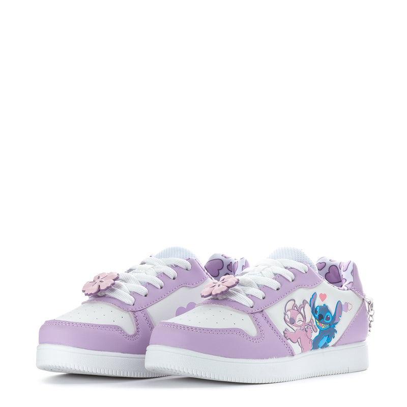 Kids lilac court sneakers with lace-up, character patch, and white rubber sole
