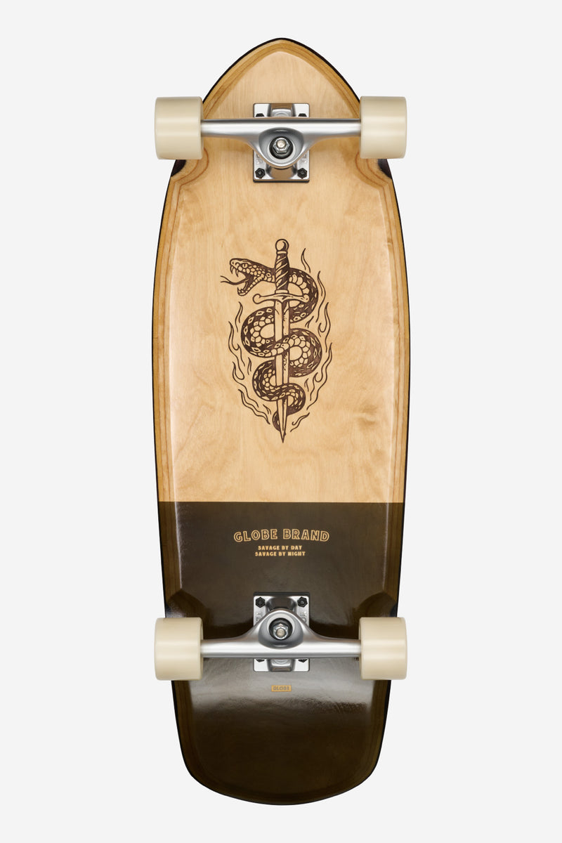 Top view of 30 inch Stubby Cruiserboard Inner Savage with natural wood deck and a black snake and sword graphic