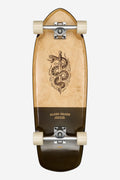 Top view of 30 inch Stubby Cruiserboard Inner Savage with natural wood deck and a black snake and sword graphic