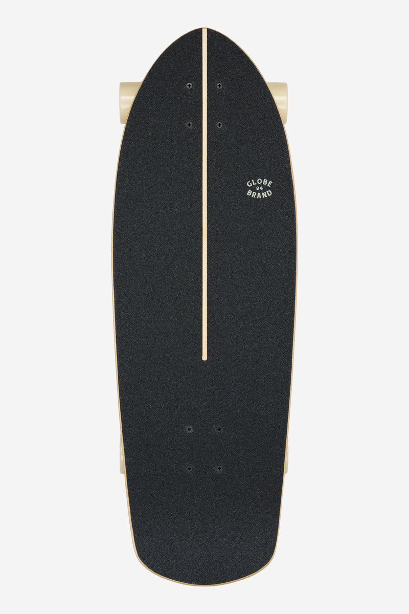 Top down view of 30 inch Stubby Cruiserboard Inner Savage with black grip tape and a light wood center stringer