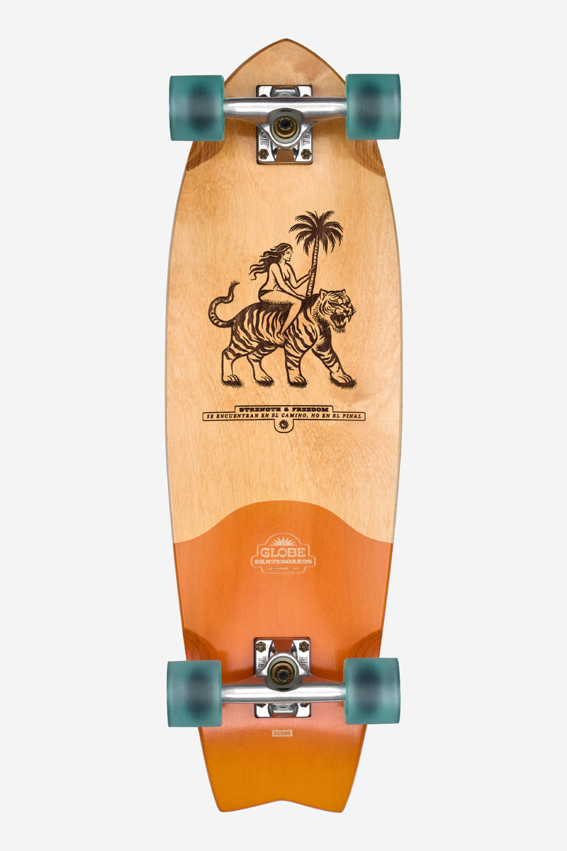 Top view of Sun City La Tigra cruiserboard with tiger rider and palm tree graphic, clear grip and turquoise wheels.