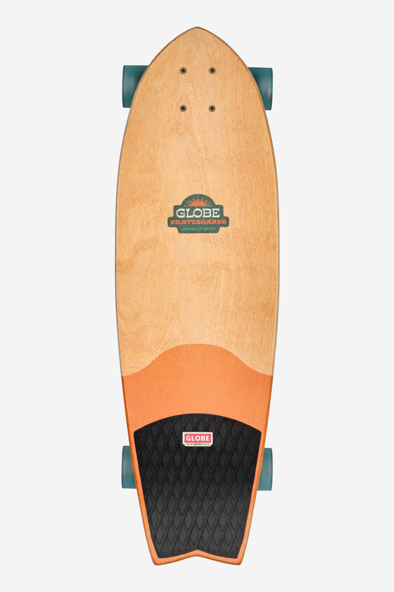 Side angle of Sun City La Tigra cruiserboard showing resin-7 maple deck with orange fade and turquoise trucks.