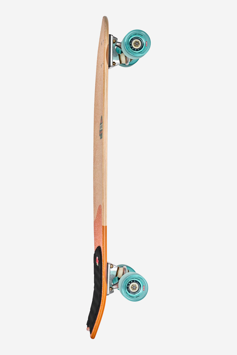 Underside view of Sun City La Tigra cruiserboard exposing orange fade turquoise wheels and globe logo.