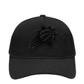 Black low snapback cap with embroidered flower-style logo on front panel