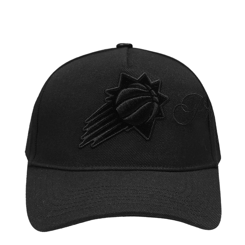 Black low snapback cap with embroidered flower-style logo on front panel