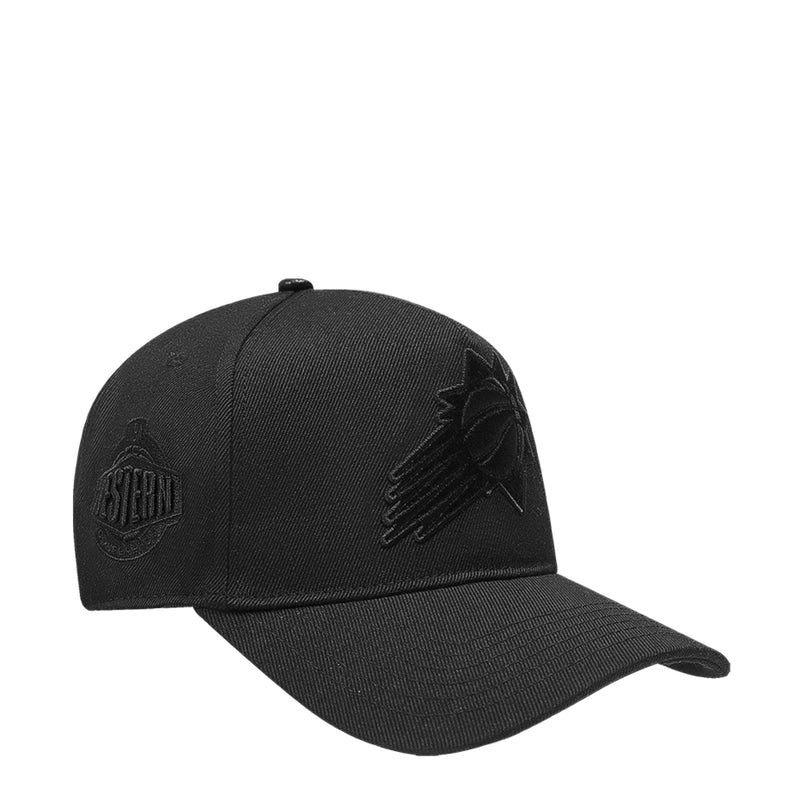 Black low snapback cap, side view with circular emblem and star flower embroidery