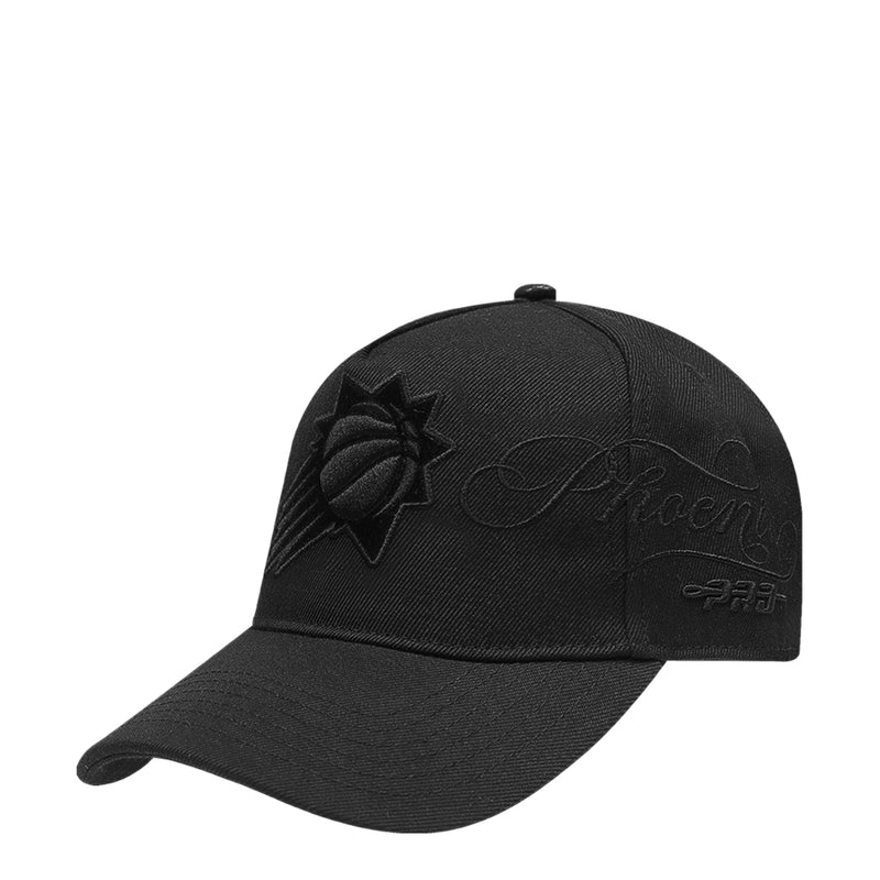 Black low snapback cap, angled front with star flower and script embroidery