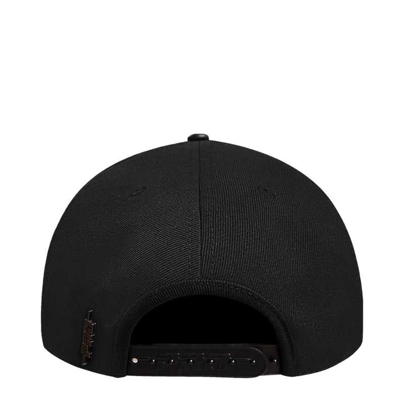 Black low snapback cap back view with adjustable snap strap