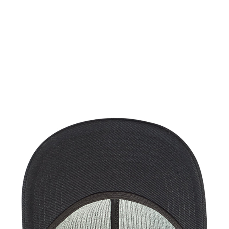 Black low snapback cap brim and inner edge, showing stitching detail