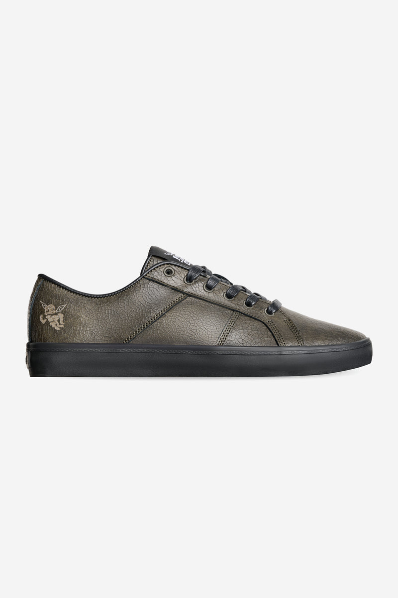 Side view of Surplus Black Distress Bauer skate shoe in textured distressed leather with a black vulcanized sole