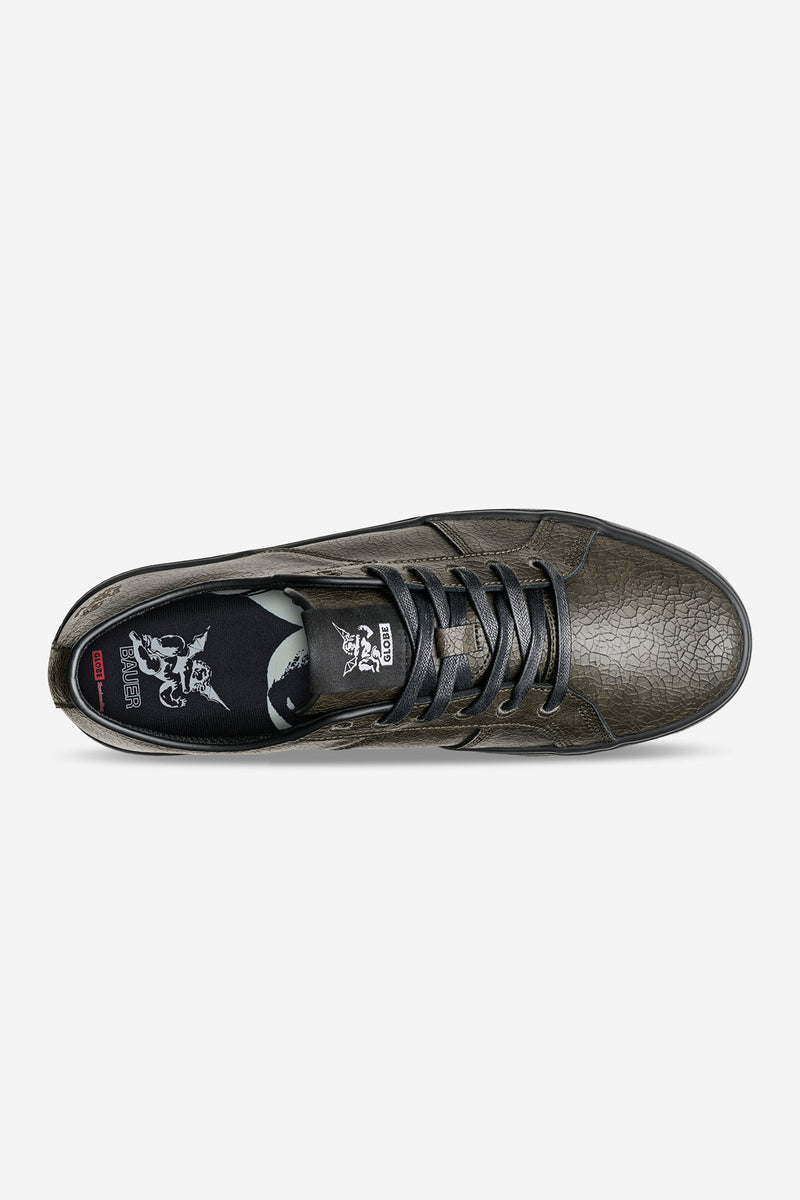 Top view of Surplus Bauer sneaker showing distressed leather upper, dark laces, and Globe logo on the tongue