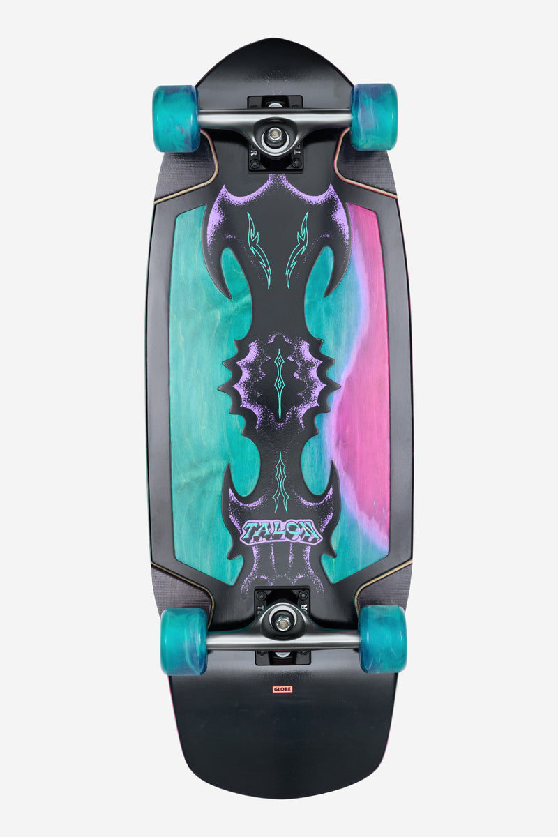 Talon Cruiserboard 30 inch top view with black deck neon teal wheels and dye washed veneer visible through a die cut window